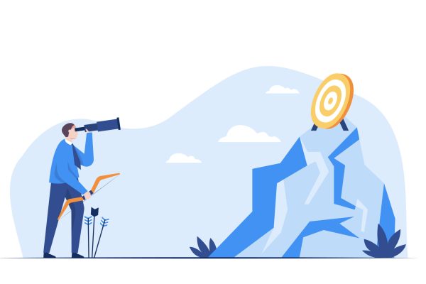 Businessman looking at camera at target It's like a business looking for a way to be successful. Vector business illustration concept.